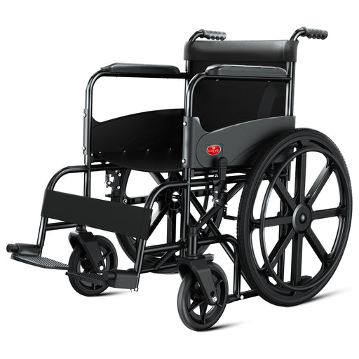 Foldable wheelchair for elderly and patients with safety belt, footrests, adjustable armrests, and compact design for easy storage and travel.