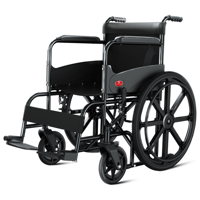 Foldable wheelchair for elderly and patients with safety belt, footrests, adjustable armrests, and compact design for easy storage and travel.