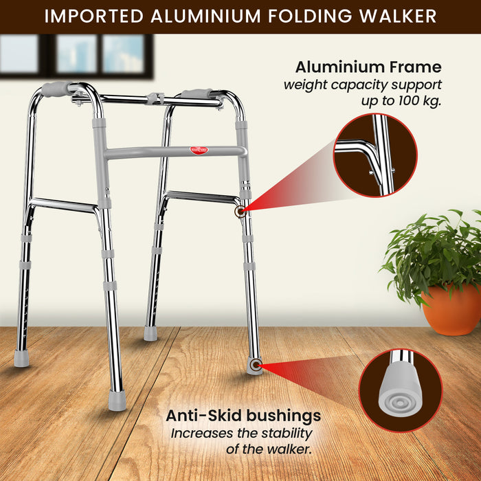 Imported Aluminum Folding Walker with Anti-Skid Bushings and 100kg Weight Capacity Support for Elderly and Disabled