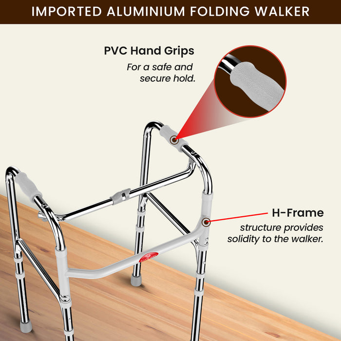 Imported Aluminum Folding Walker with PVC Hand Grips and H-Frame for Stability and Secure Hold