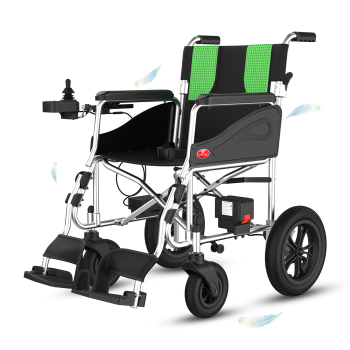 Lightweight foldable electric wheelchair with aluminum frame, dual lithium batteries, and joystick control ideal for seniors and travel use