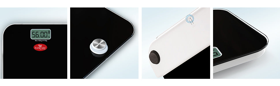 Digital weighing scale with various angles on a light blue background