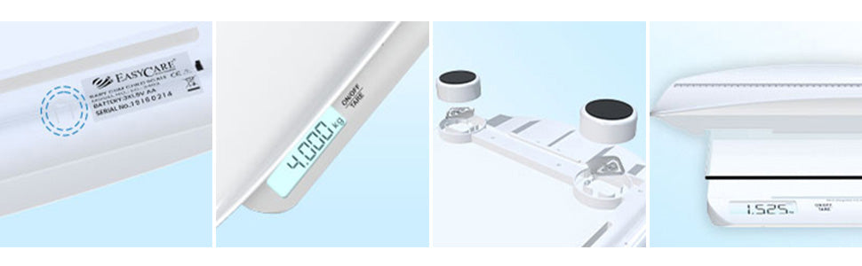 Collection of baby weighing scale including a scale, digital display, and other medical equipment on a light blue background.