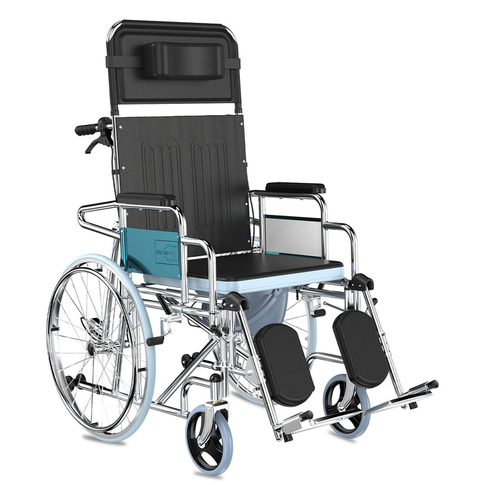 side view of EASYCARE reclining steel wheelchair with commode, 180 degree backrest and detachable footrests