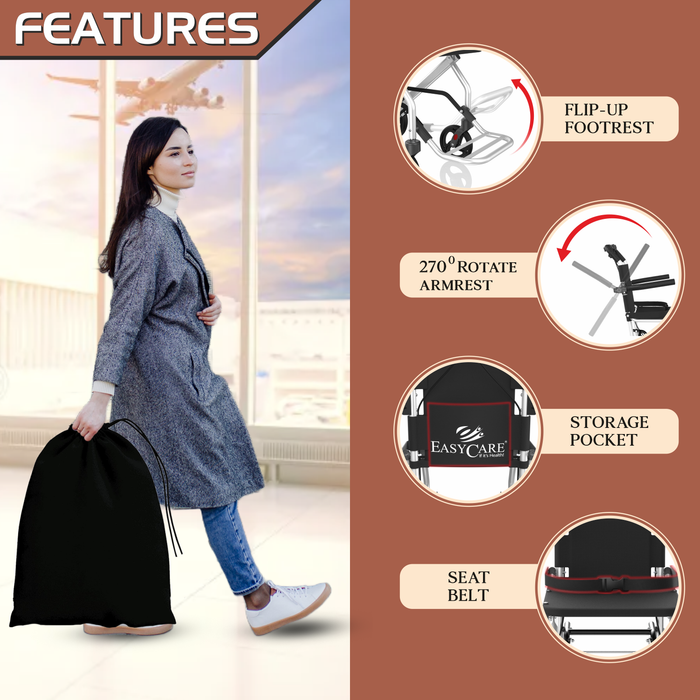 Portable Wheelchair Features – Flip-Up Footrest, 270° Rotating Armrest, Storage Pocket, and Secure Seat Belt for Comfort and Safety