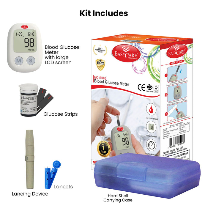 Easycare Zavamet Blood Glucose meter with Glucose Test strips, Lancets, Lancing Device & hard shell case for carrying