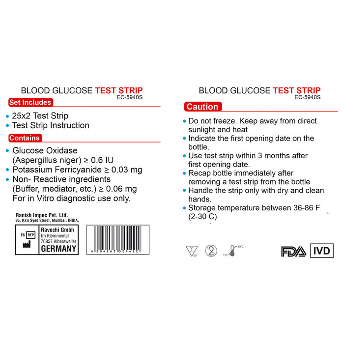 Specs of Zavamet Blood Glucose test strip