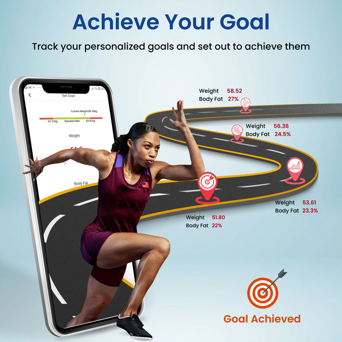 An infographic titled "Achieve Your Goal." It shows an athlete running out of a smartphone screen along a winding path, representing a fitness journey that tracks her progress in weight and body fat to a goal achieved.