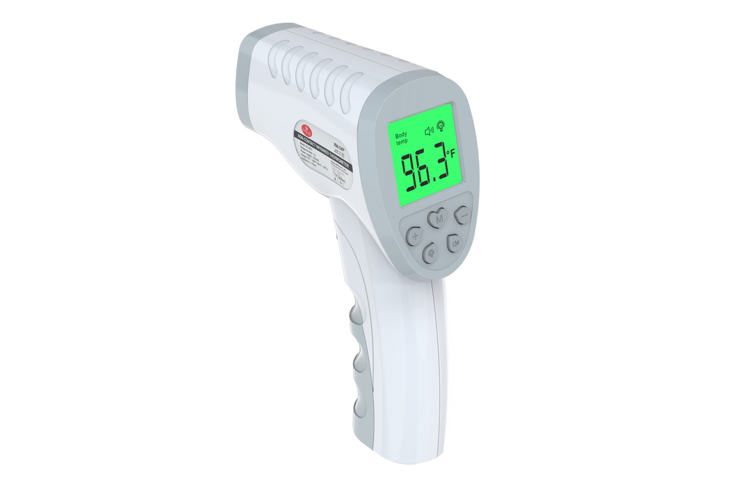 A full product image of a modern, white digital infrared thermometer designed for non-contact temperature measurement.