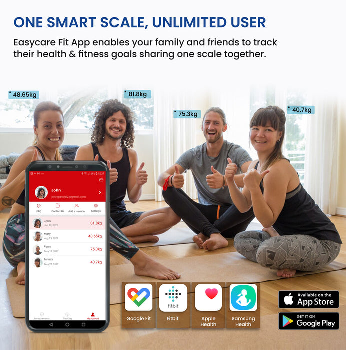 EASYCARE Smart Scale with Easycare Fit App allowing unlimited users to track health and fitness goals using a single device