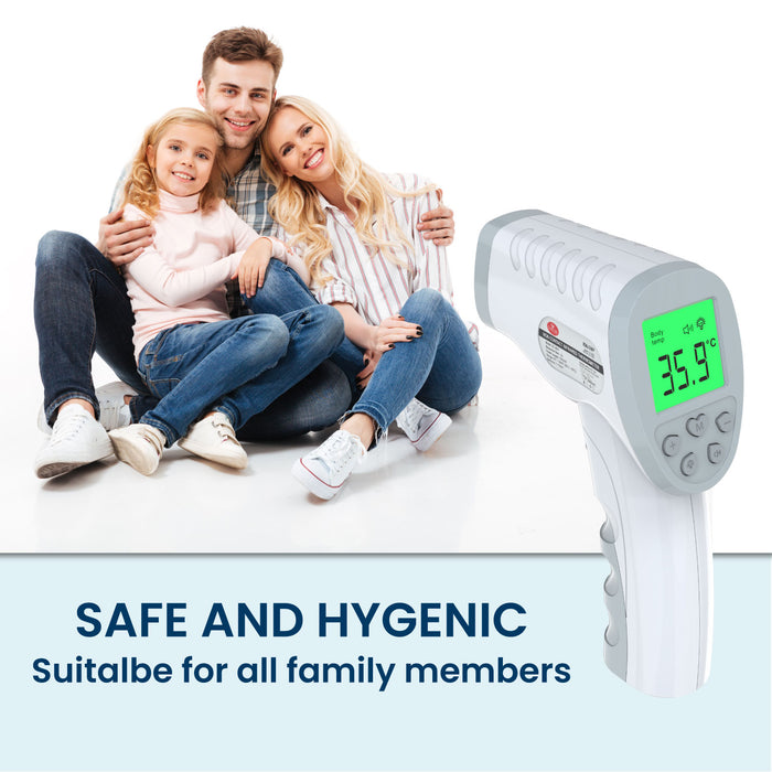 A family is shown with a non-contact infrared thermometer, emphasizing its safe and hygienic design for all family members.