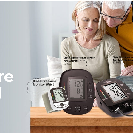 Old couple sitting with Easycare's Blood Pressure Monitors on Table