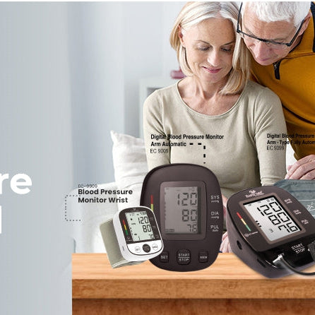 Old couple sitting with Easycare's Blood Pressure Monitors on Table