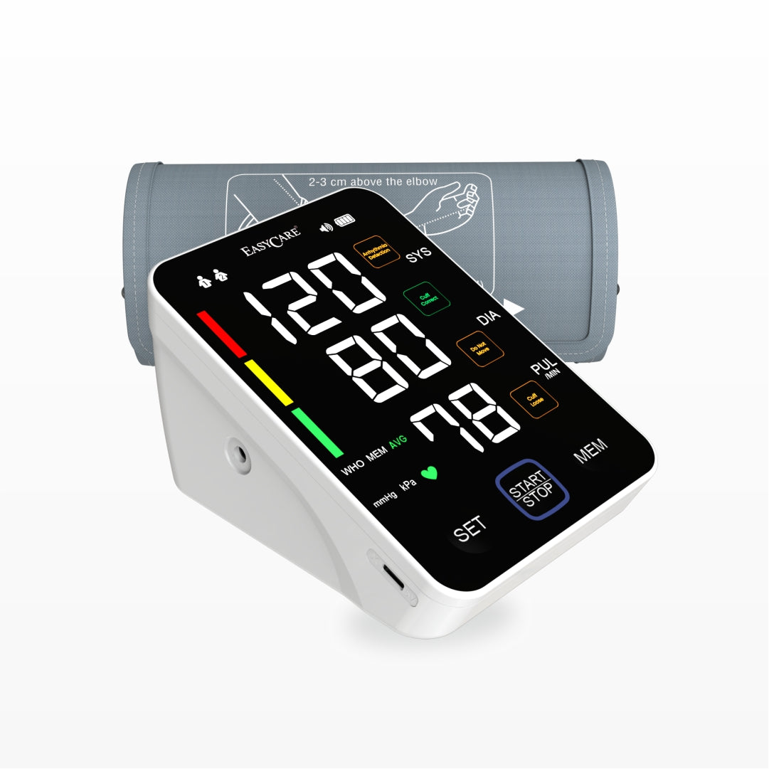  An Easycare automatic digital blood pressure monitor with a large, clear display showing a reading of 120/80 and a pulse of 78. The device comes with an adjustable cuff and features a WHO classification indicator