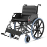Black wheelchair with blue wheels on a white background
