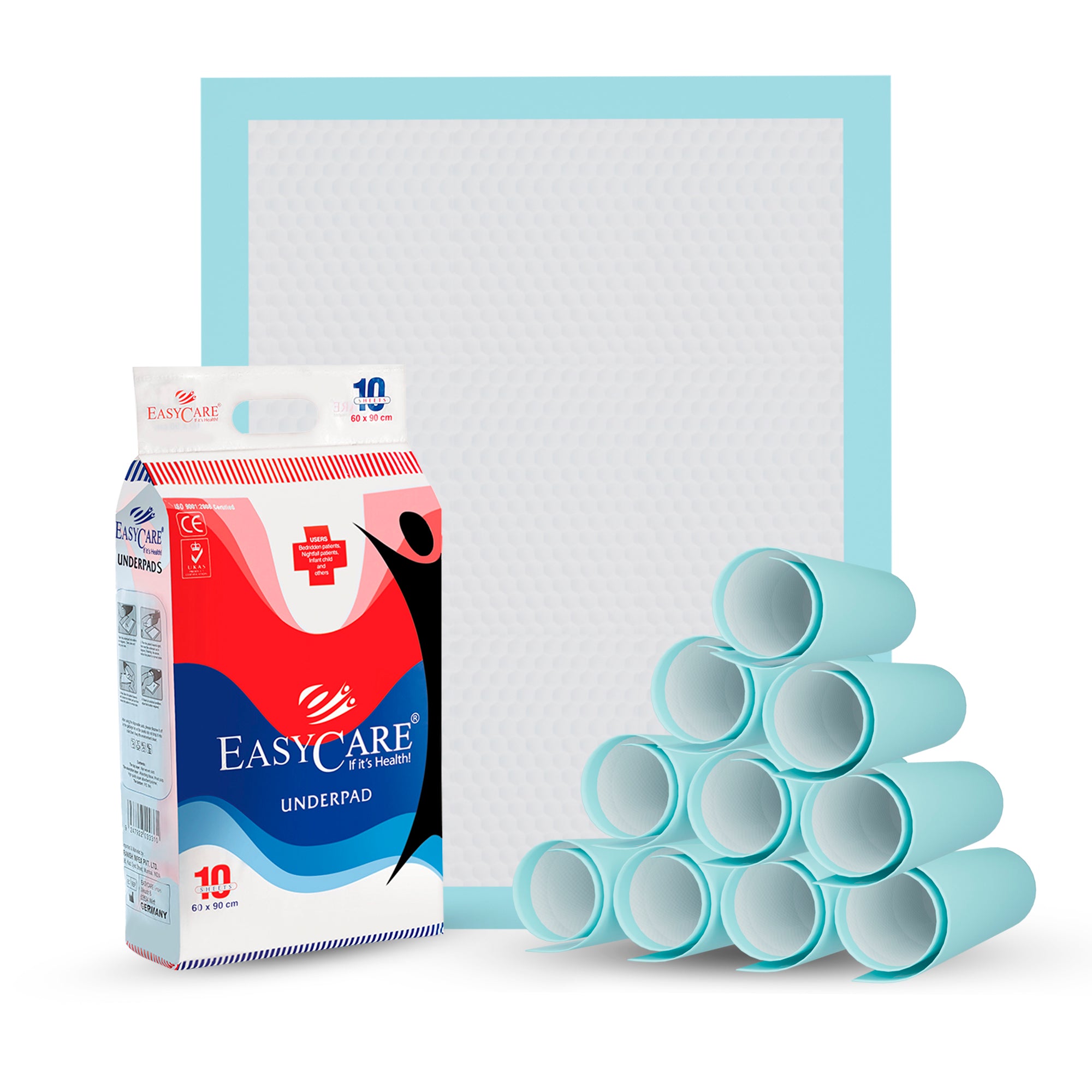 Easycare underpad packaging with a stack of underpads on a white background