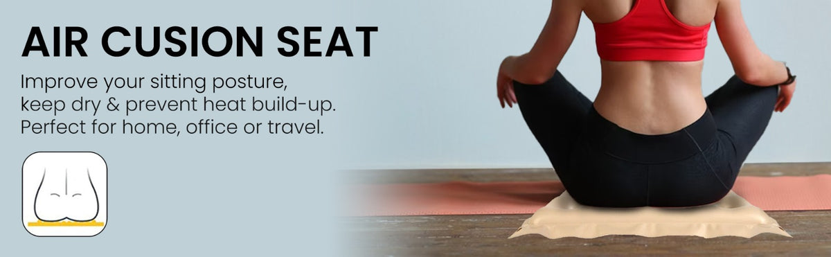 Person sitting on an air cushion seat with promotional text about its benefits.