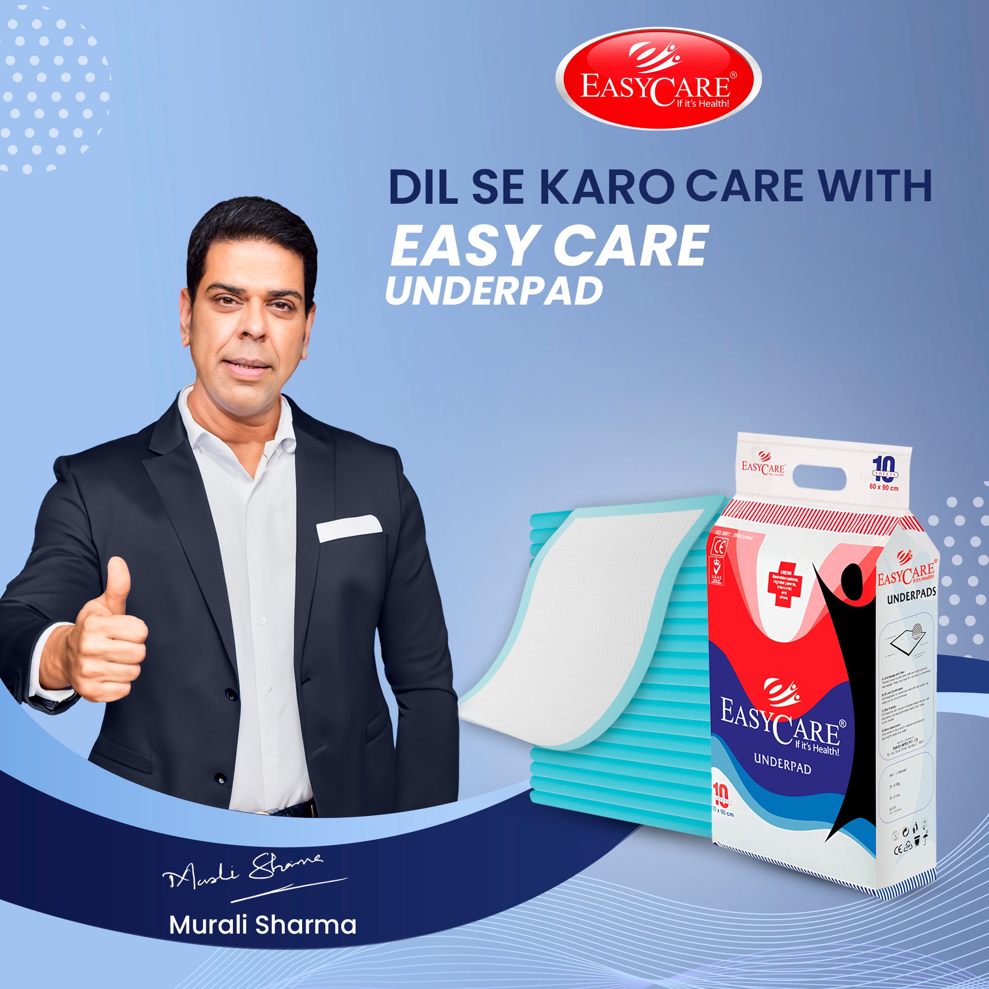 Advertisement for EasyCare underpad with a man in a suit and EasyCare packaging on a blue background.