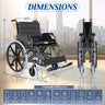 Wheelchair with dimensions labeled on a blurred cityscape background