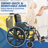 Wheelchair with swinging-back and removable arms feature, suitable for meals and activities.