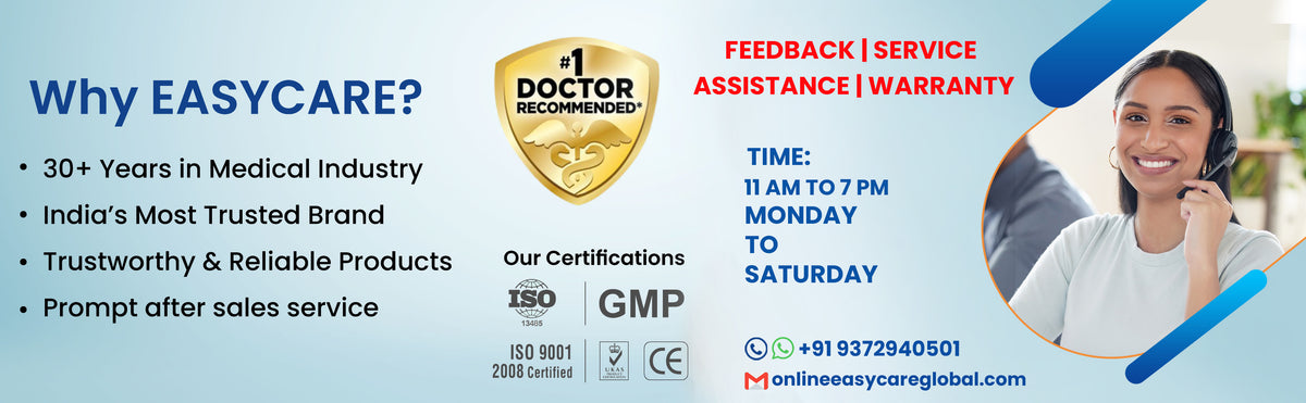 EASYCARE advertisement with contact information and certification logos on a blue background