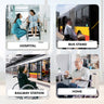 Four scenes labeled 'Hospital', 'Bus Stand', 'Railway Station', and 'Home' with people using wheelchairs.