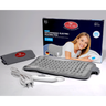 Gray orthopedic electric heating pad with packaging and plug on a light gray background