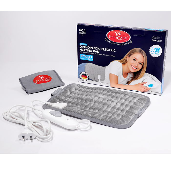 Easycare orthopedic fabric heating pad with packaging on a white background