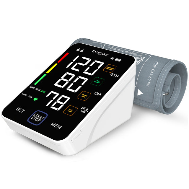 Blood pressure monitor with digital display on a white background