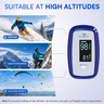 An EasyCare blood glucose monitor shown on a light blue infographic background with three lifestyle photos of outdoor activities: skiing, mountaineering, and aviation sports. The text at the top reads 'SUITABLE AT HIGH ALTITUDES' and includes a small usage note at the bottom.