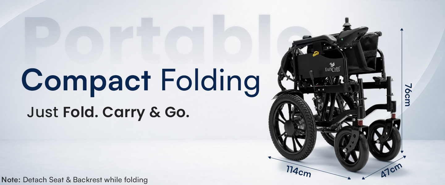 Compact folding wheelchair with dimensions on a white background