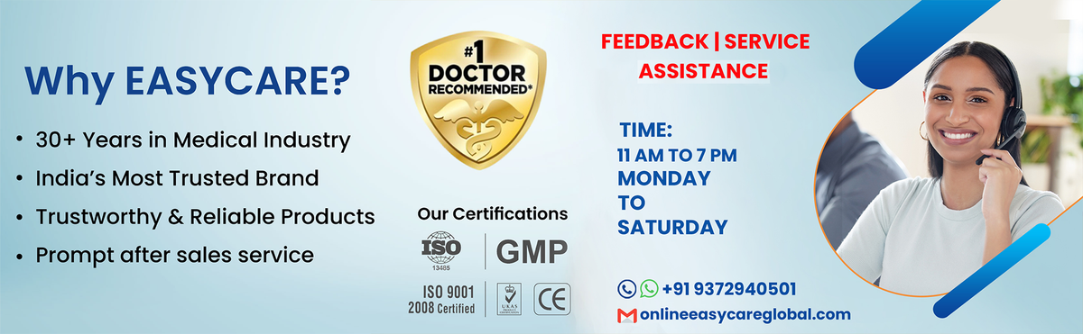 EASYCARE advertisement with contact information and certification logos on a blue background
