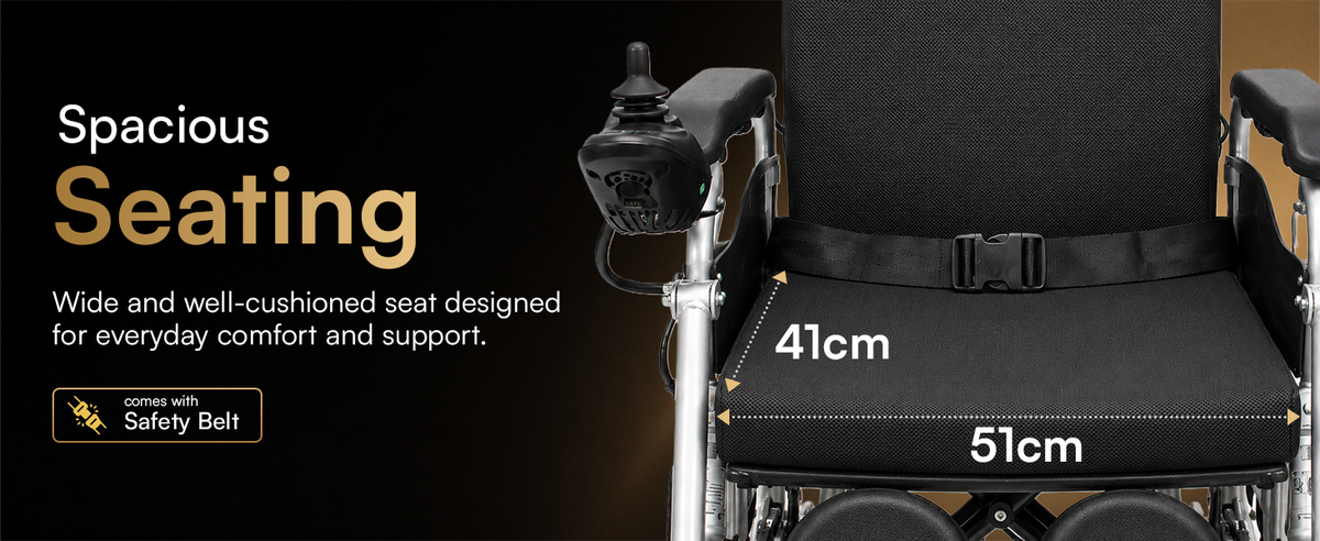 Electric Wheelchair with a black seat, safety belt, and measurements indicated.