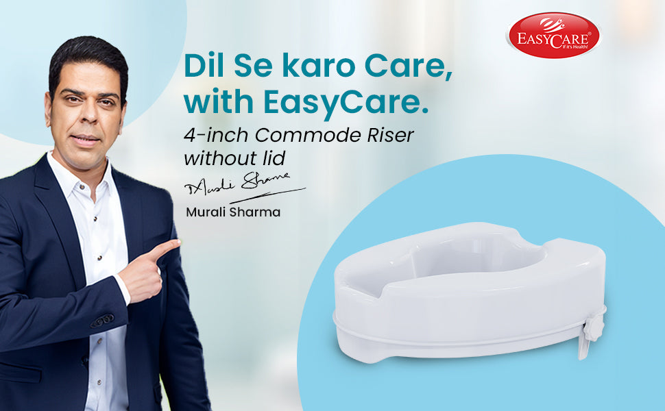 Advertisement for EasyCare commode riser with a man pointing to it and the brand logo.