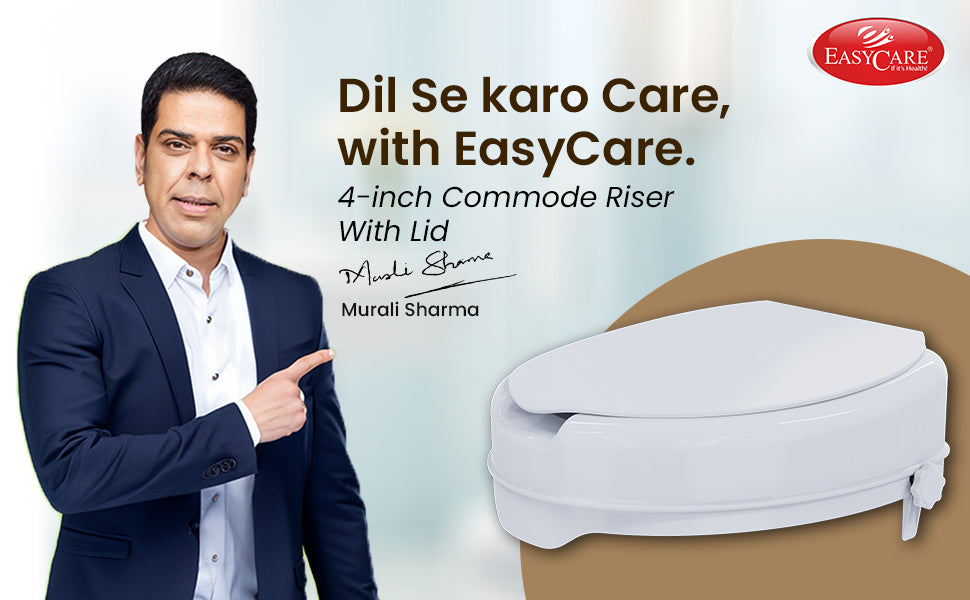 Advertisement for EasyCare commode riser with seat cover, featuring a man pointing to the product on a white background.
