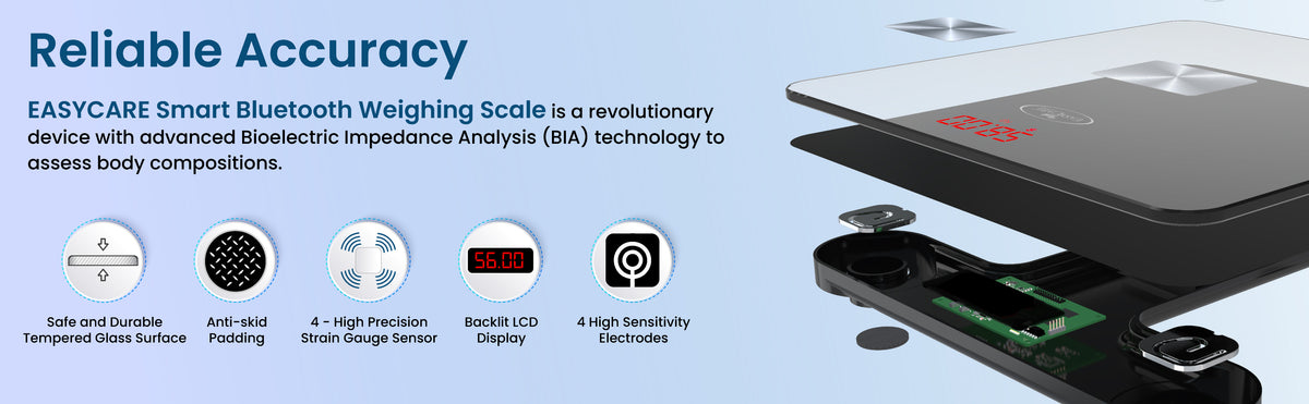 EASYCARE smart Bluetooth weighing scale with features listed on a blue background