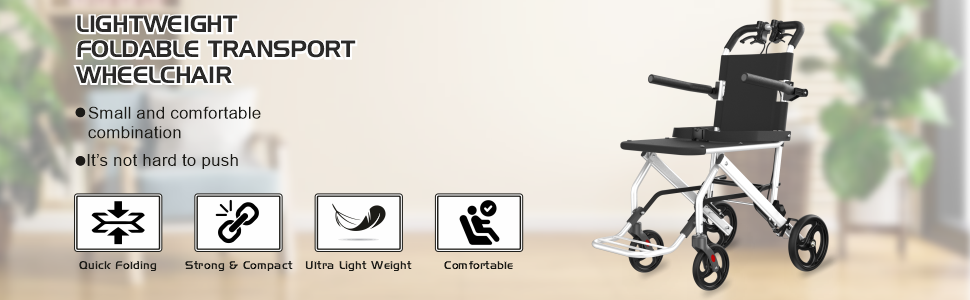 Lightweight foldable transport wheelchair with features listed on a blurred background