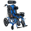 Blue and black wheelchair with adjustable headrest on a white background