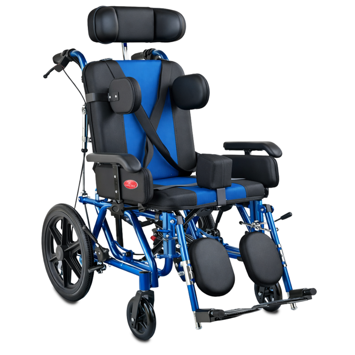 Blue and black wheelchair with adjustable headrest on a white background