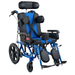 Blue and black wheelchair with adjustable headrest on a white background