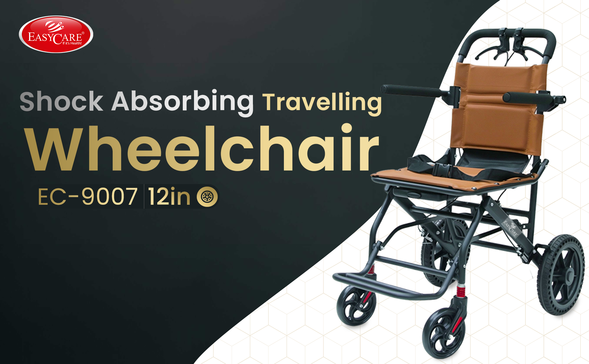 Shock absorbing travelling wheelchair with brown seat and black frame on a dark background