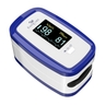 A fingertip pulse oximeter by EasyCare with a white body, blue trim, and a black digital display screen showing oxygen saturation and pulse rate.