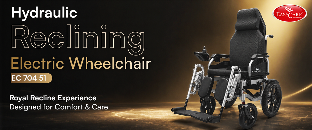 Electric wheelchair with reclining feature on a dark background, featuring EasyCare branding.