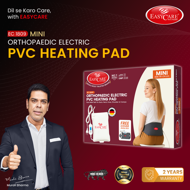 Easycare orthopaedic electric PVC heating pad packaging with a man giving a thumbs-up on a red background