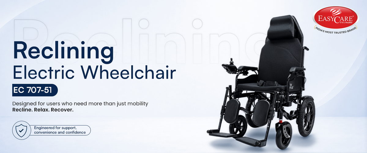 Reclining electric wheelchair with EasyCare logo on a light blue background