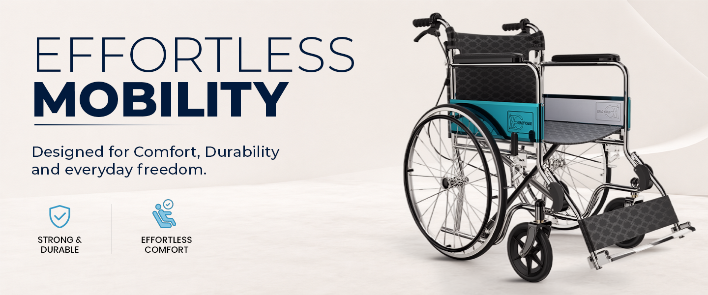 Wheelchair with 'Effortless Mobility' text and features on a white background