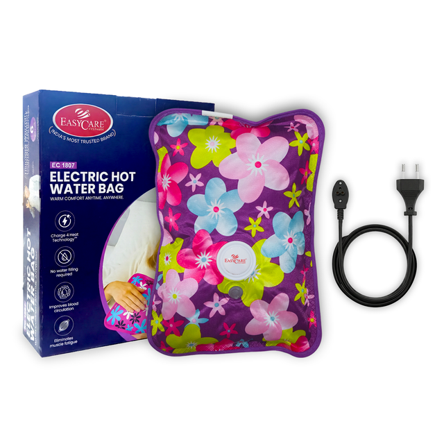 Floral-patterned electric hot water bag with packaging and plug on a white background