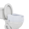 An elevated white toilet seat riser with a safety lock system, designed to add height for elderly or handicapped users, installed on a standard toilet.