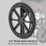 "24-inch rear mag wheels on a commode wheelchair provide a smooth and comfortable ride across various terrains. Designed for stability and maneuverability, these wheels ensure ease of movement on both indoor and outdoor surfaces, making the wheelchair perfect for elderly users and individuals with mobility challenges.
