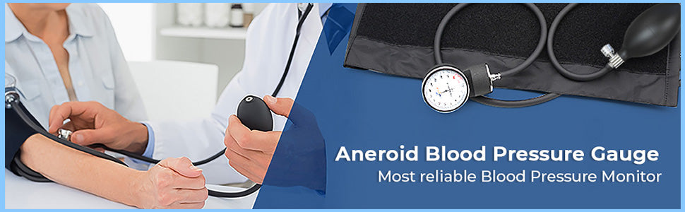 Person having their blood pressure taken with an aneroid blood pressure gauge, featuring a stethoscope and blood pressure monitor.
